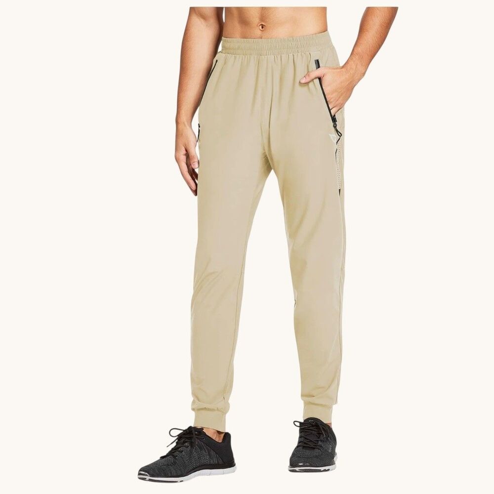 Baleaf Men’s 3XL Khaki Hiking Pants Joggers Athletic Travel Zip Pockets Outdoors